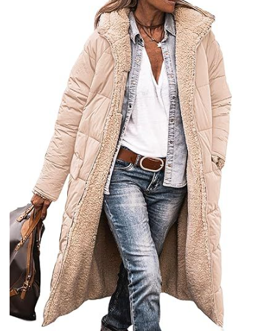 Long quilted puffer jacket with shearling lining, hood, tailored silhouette, cold weather cozy warmth