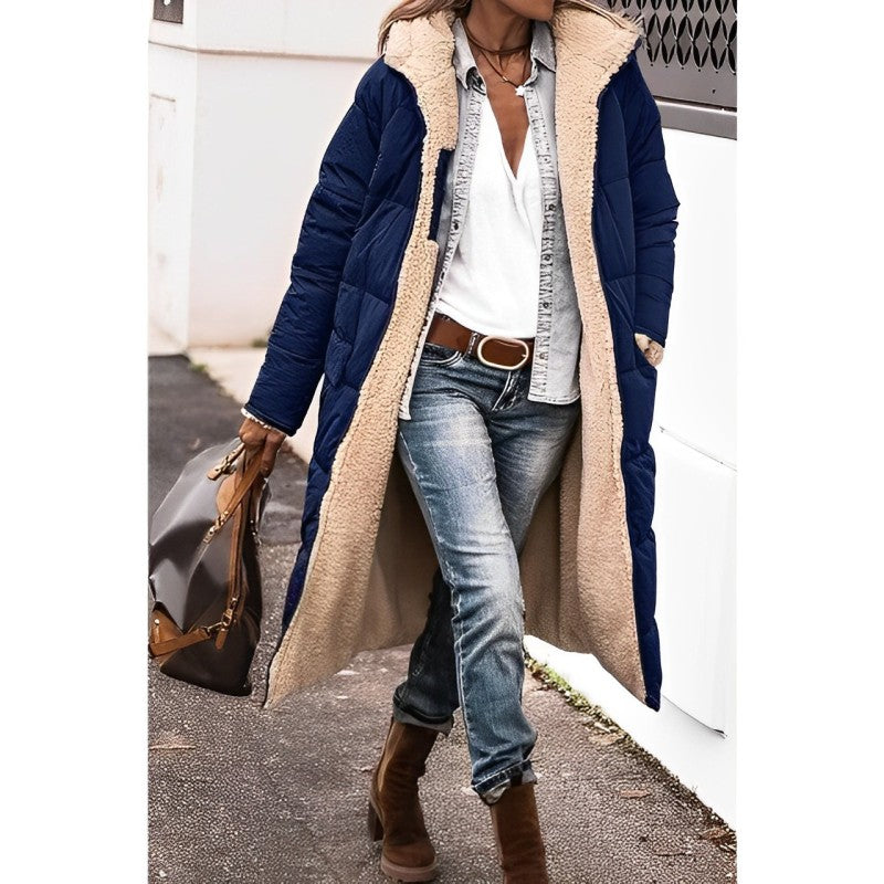 Women's long padded coat oversized fit quilted design soft shearling lining cozy winter outerwear