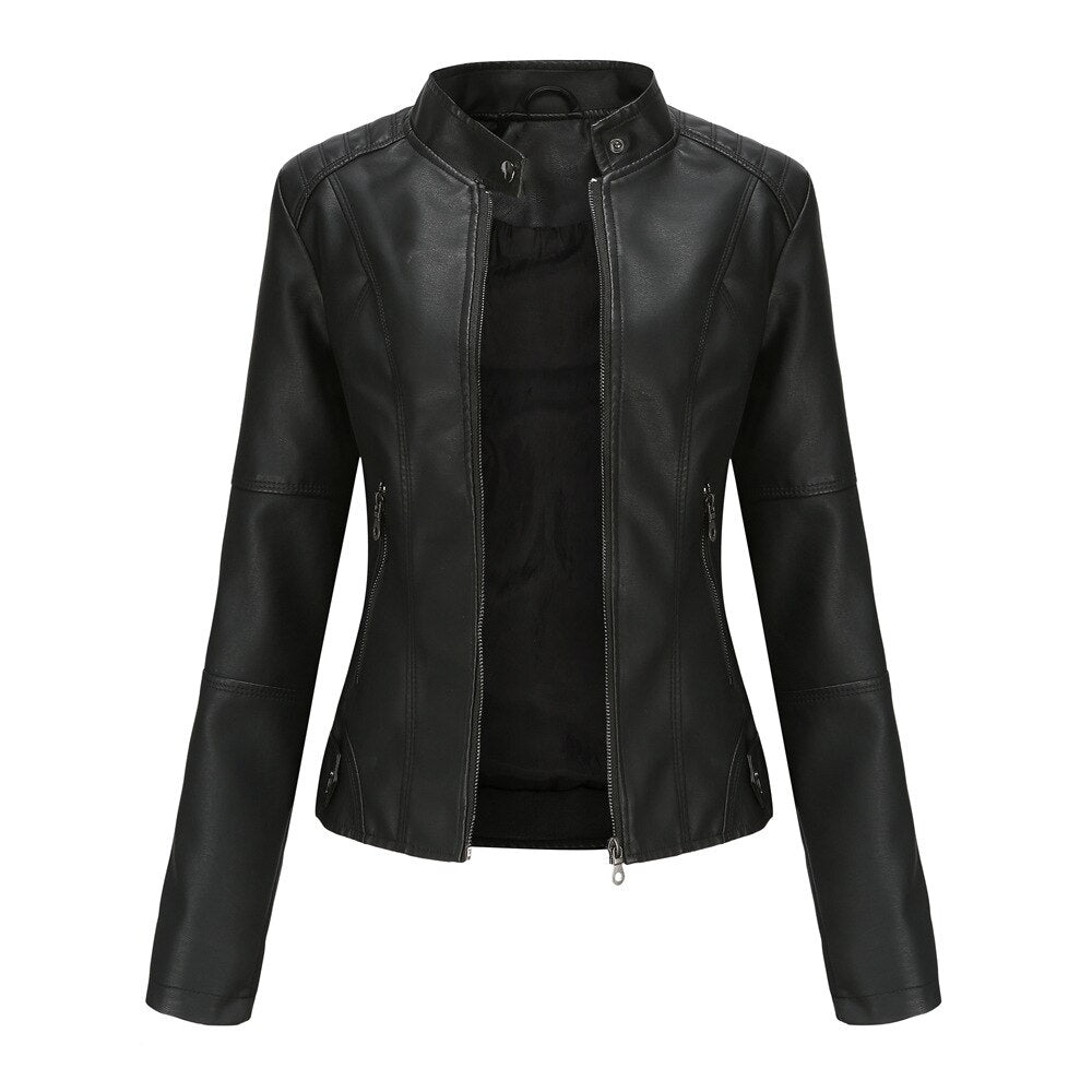 Women's black PU leather jacket Mandarin collar slim fit timeless elegant modern edge fashion