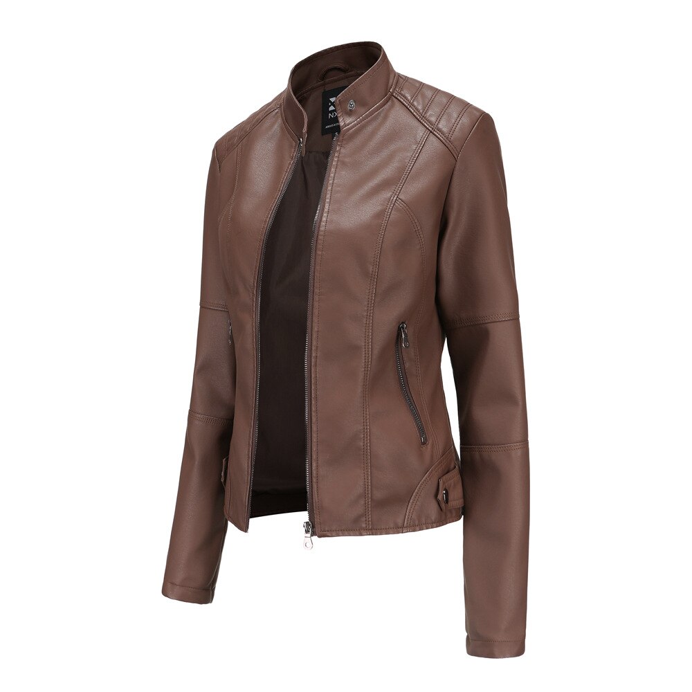 Women's black PU leather jacket with mandarin collar, sleek modern silhouette and timeless elegant fit