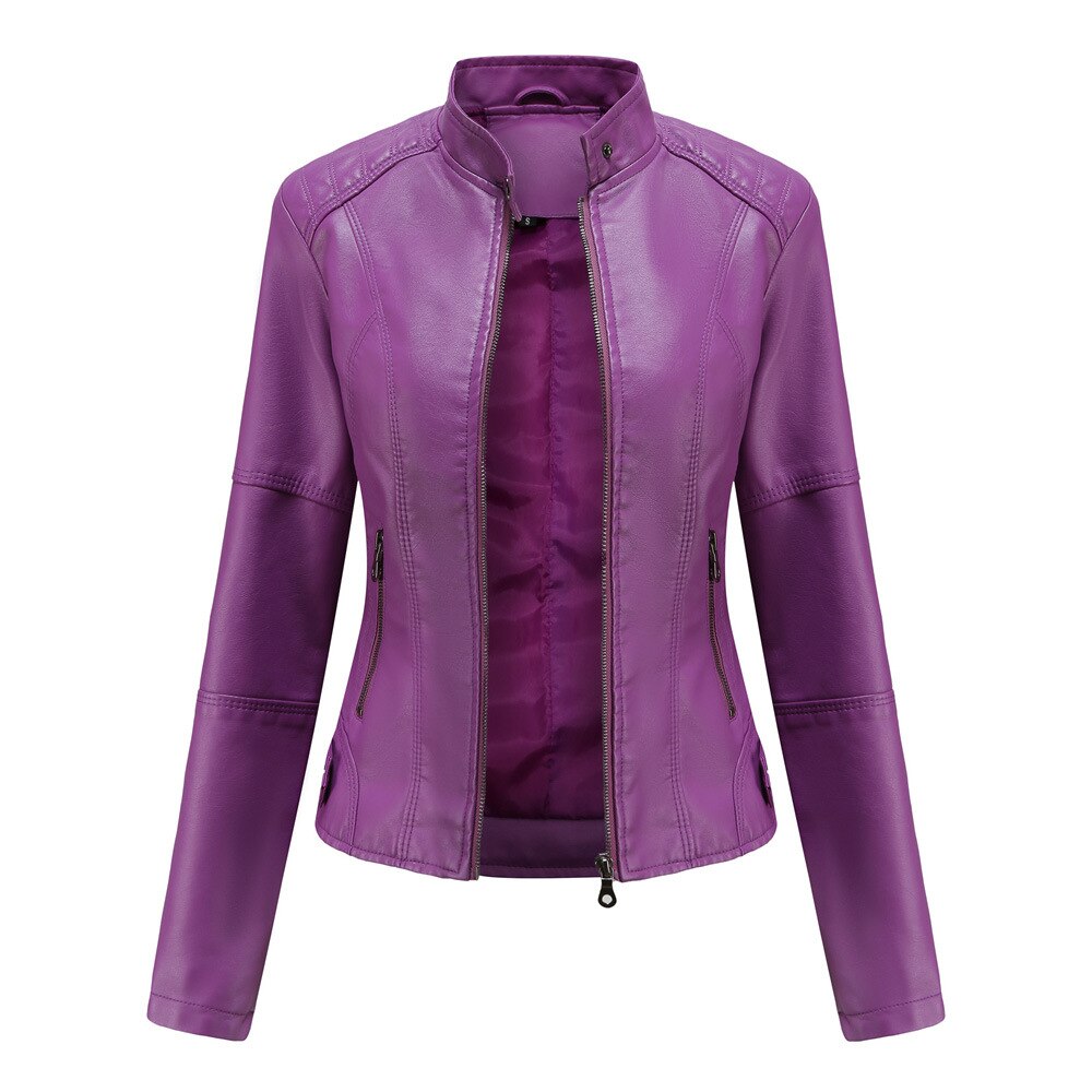 Women's black PU leather jacket with sleek Mandarin collar, tailored fit and modern elegant silhouette
