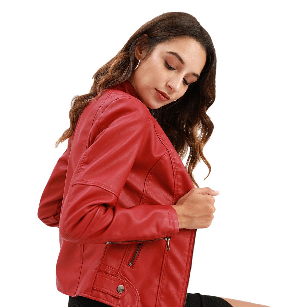 Women's black PU leather jacket with Mandarin collar, sleek modern silhouette and timeless elegant edge