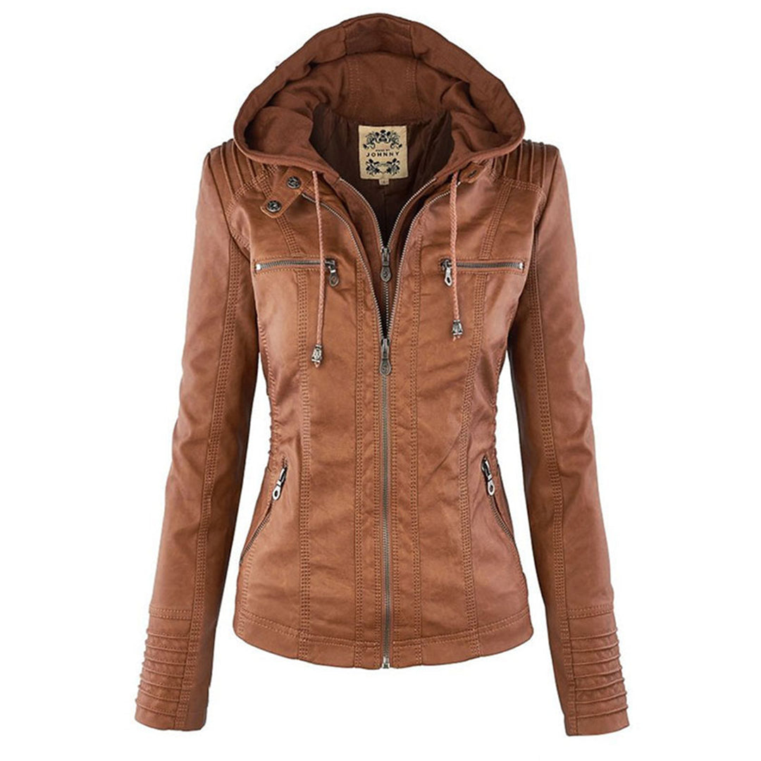 Women's black hooded vegan leather jacket with sleek chic silhouette and zip closure