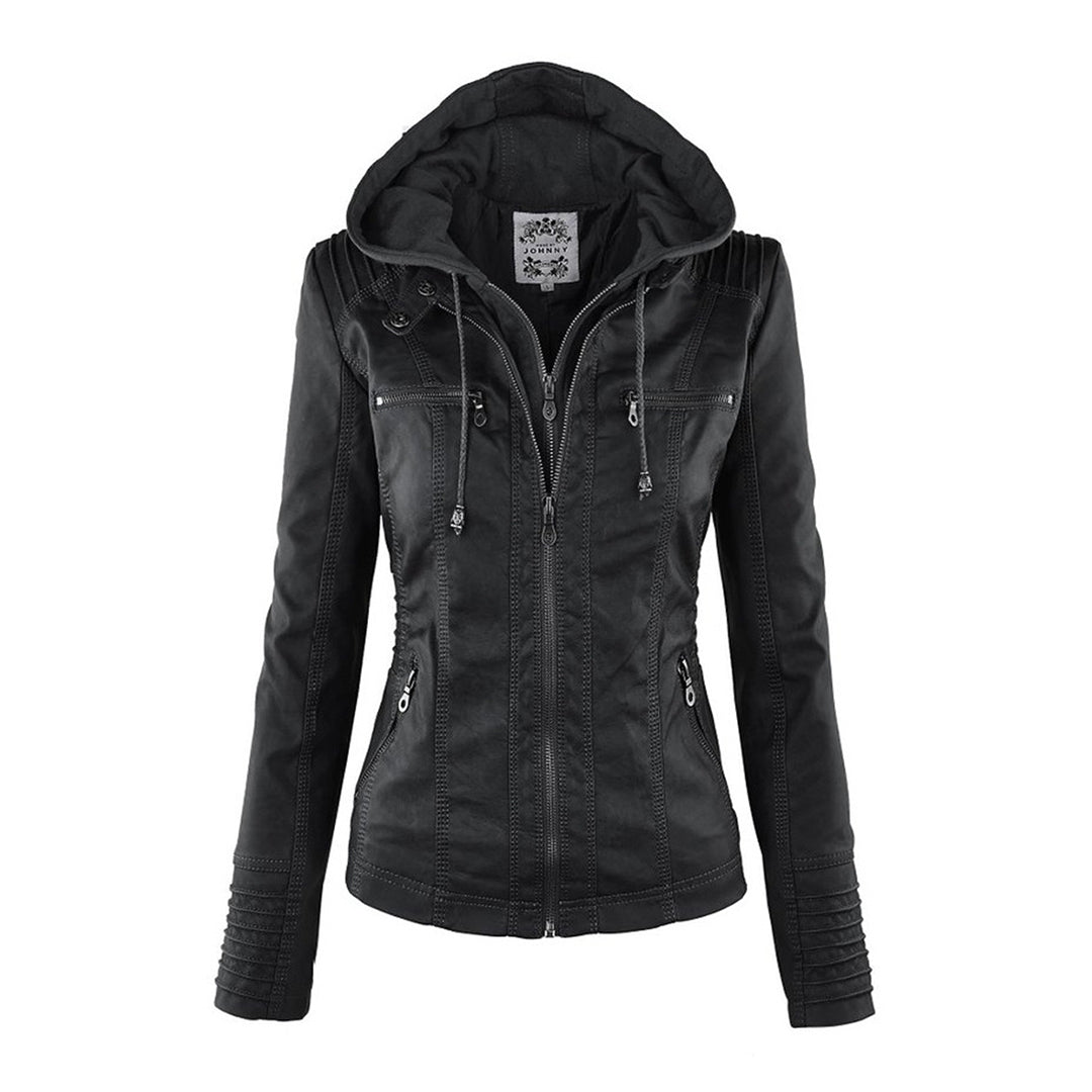 Women's black hooded vegan leather jacket with chic slim fit and versatile seasonal style