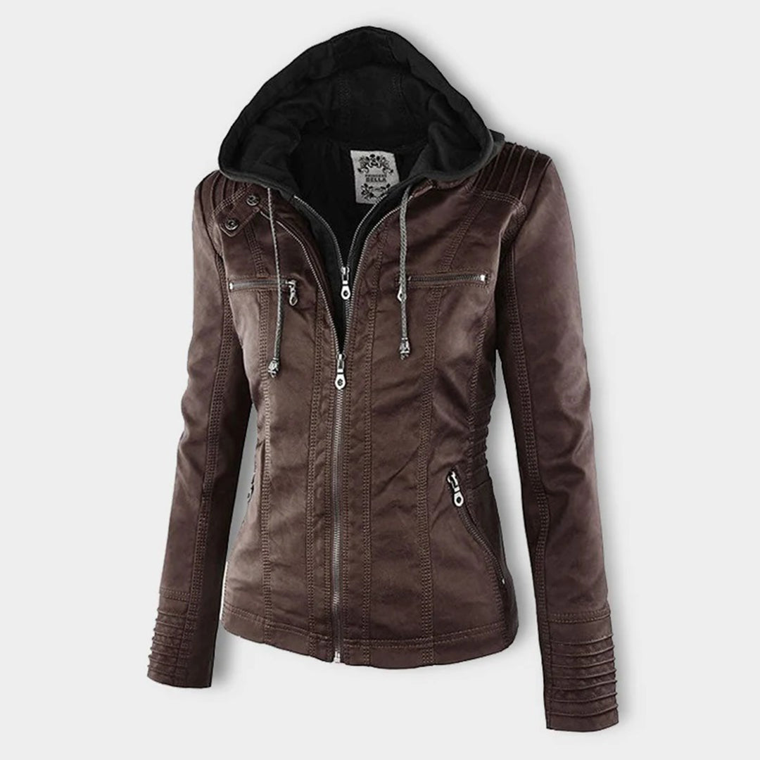Black eco-leather hooded jacket tailored fit zipper closure with functional pockets urban style