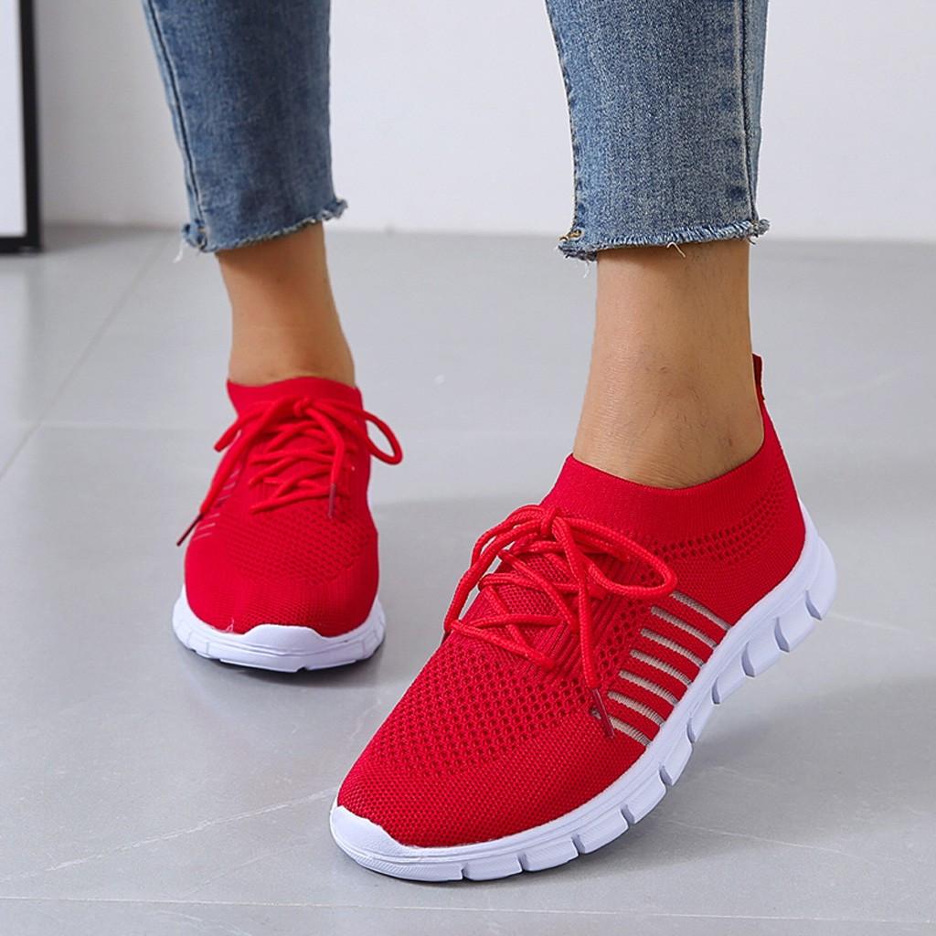 Women's breathable knit slip-on sneakers with laces, cushioned sole, lightweight urban style