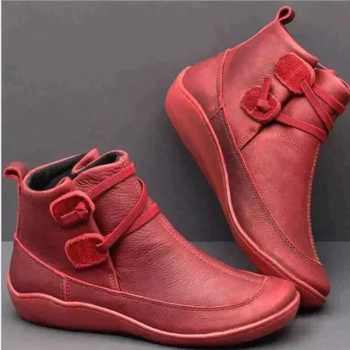 Women's brown leather mid-cut boots waterproof buckle detail supportive fit urban style