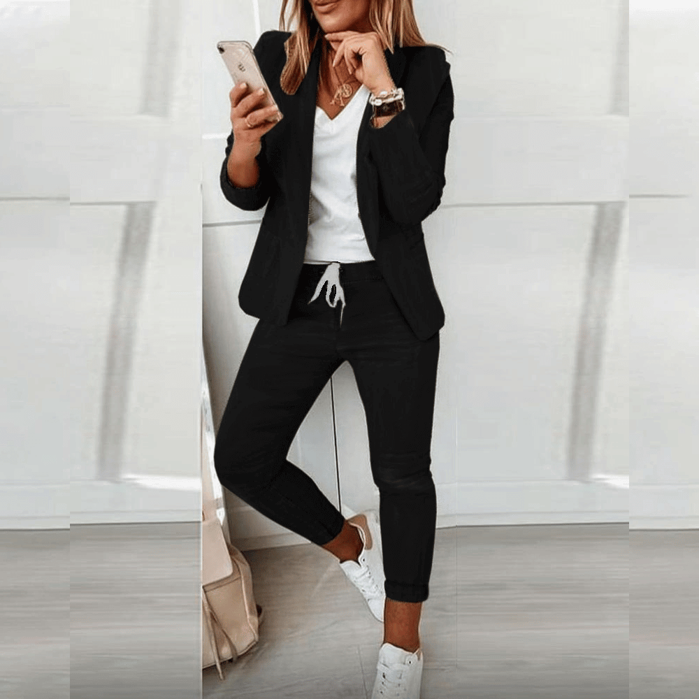 Women classic blue tailored blazer set with fitted trousers elegant versatile chic outfit