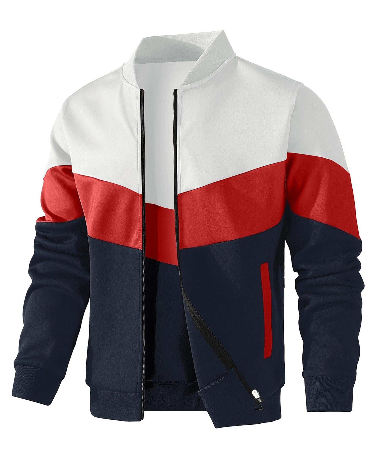 Men's color block hip-length bomber jacket with zip front, ribbed collar, and casual winter fit
