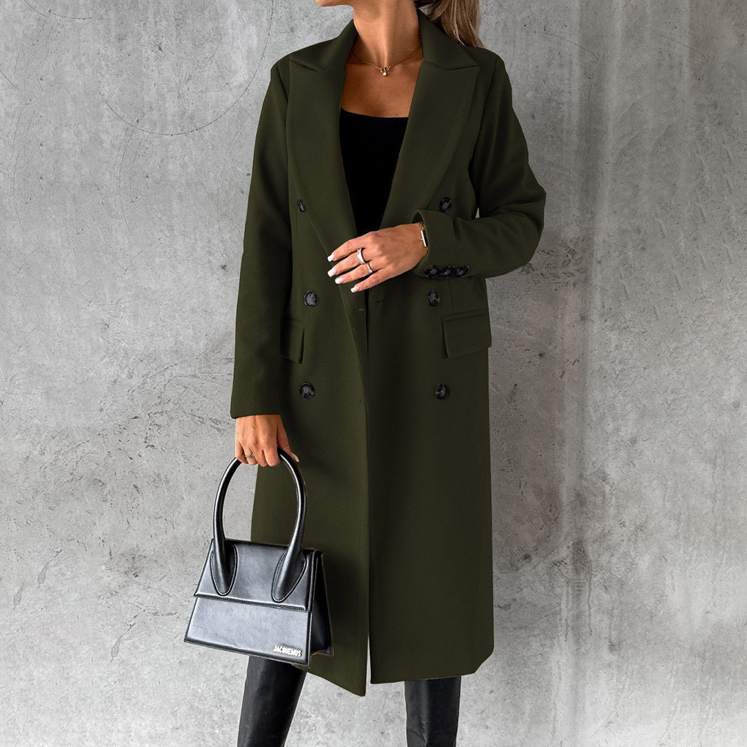Savannah camel wool blend double-breasted overcoat, mid-calf length with notched lapel