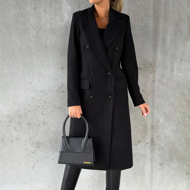 Women's tailored knee-length wool coat double-breasted with flap pockets in professional style