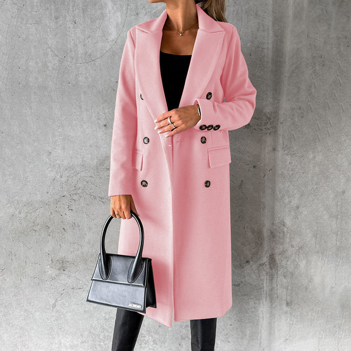 Women's tailored wool-blend knee-length coat double-breasted with flap pockets in professional style