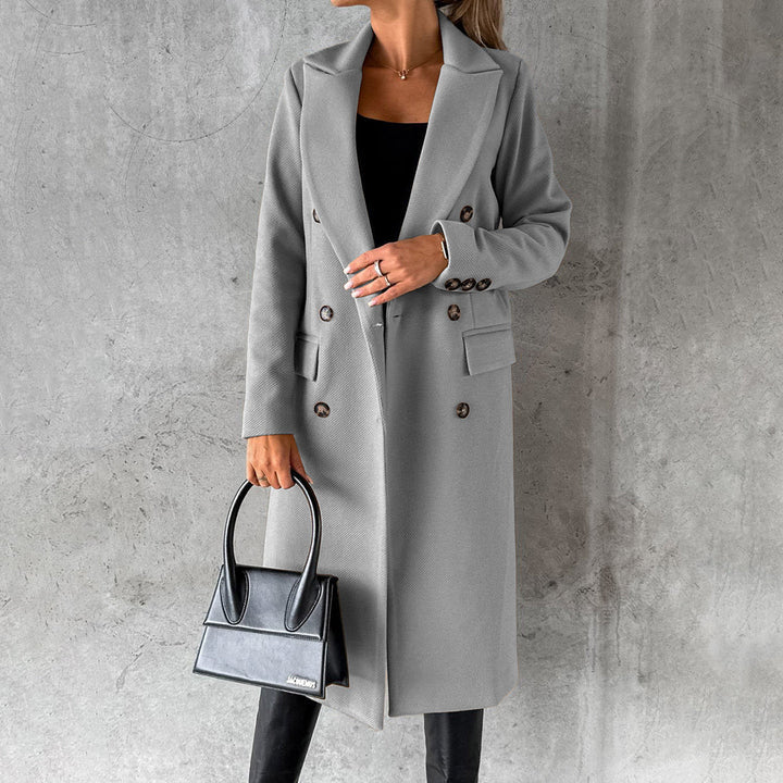 Women's tailored wool-blend knee-length coat, double-breasted with flap pockets, professional style