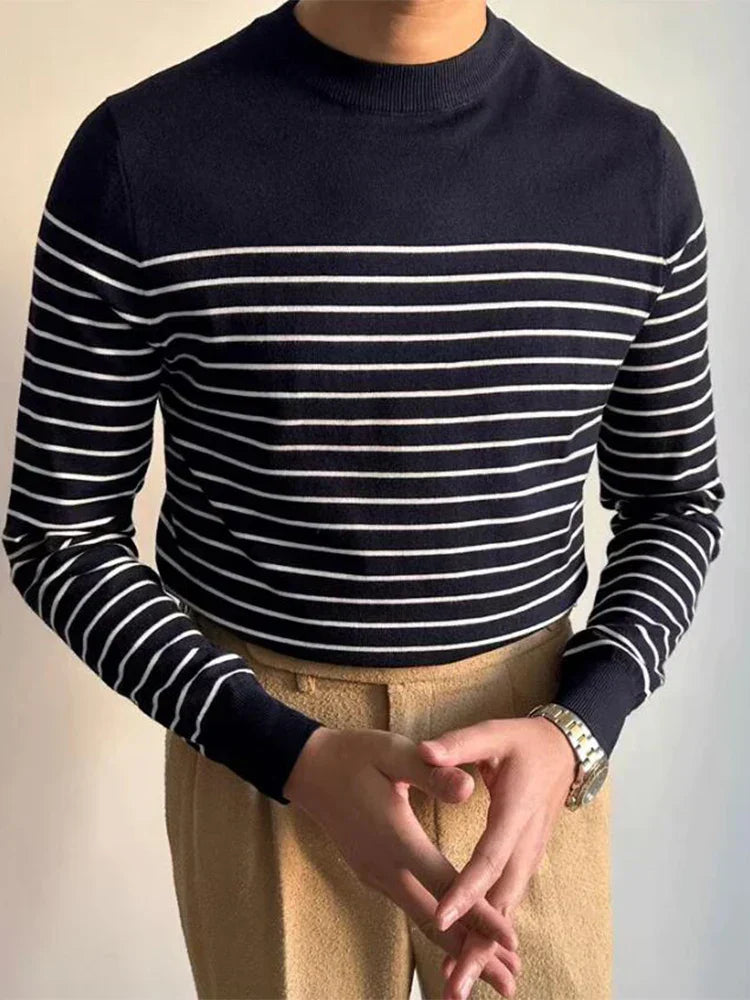 Men's merino wool knit sweater classic fit with timeless stripe pattern in neutral tones