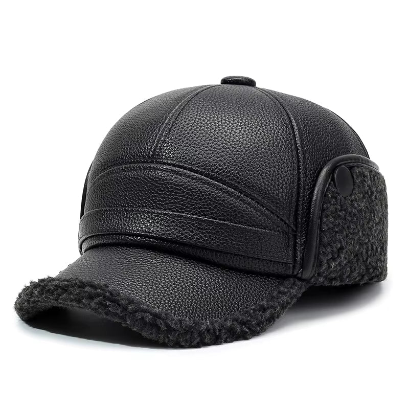 Brown vegan leather aviator cap with plush faux shearling lining and weatherproof winter design
