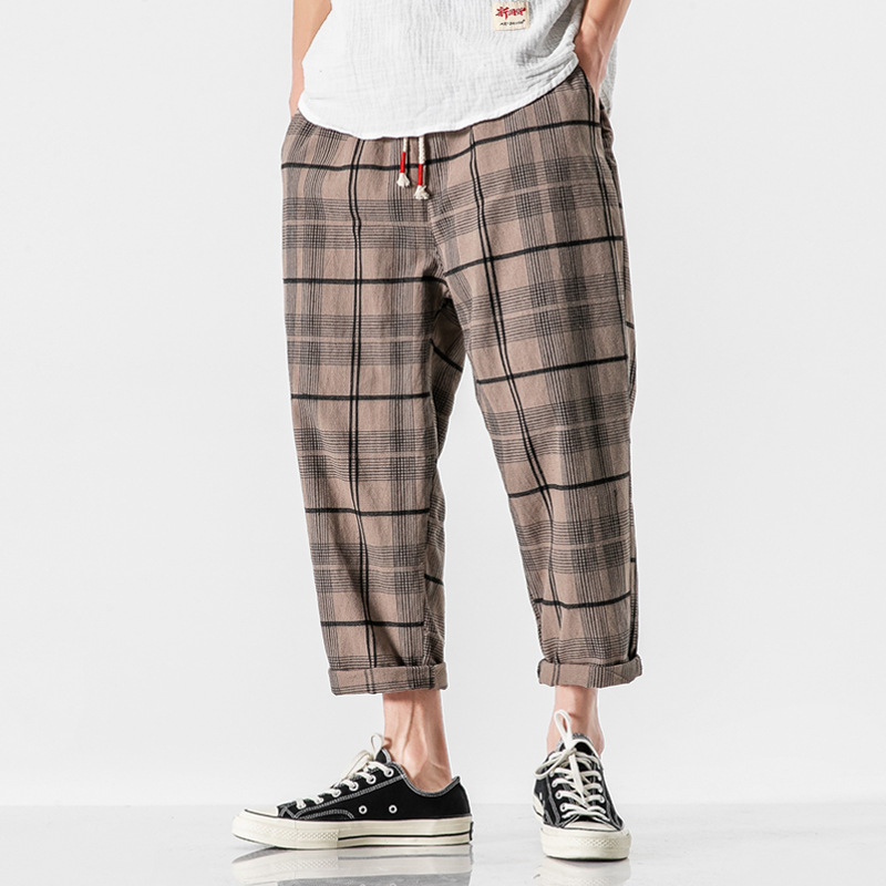 Bold check cropped pants oversized fit breathable cotton linen blend minimalist style