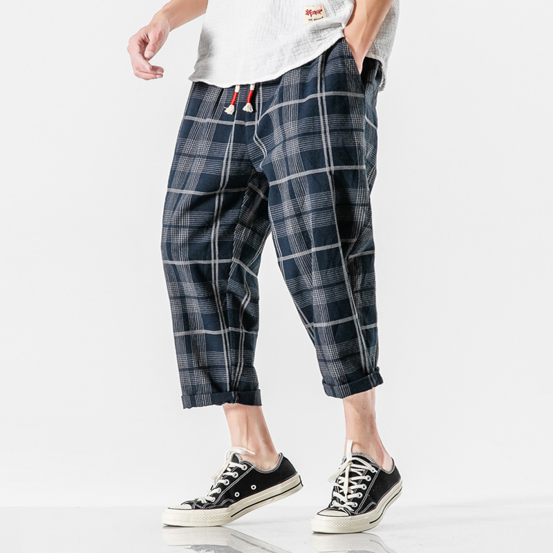 Bold check cropped pants oversized cotton linen blend minimalist wide-leg ankle length relaxed fit