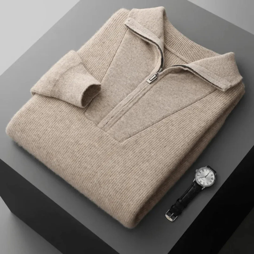 Men's grey cashmere half-zip sweater with V-panel front and rib-knit collar