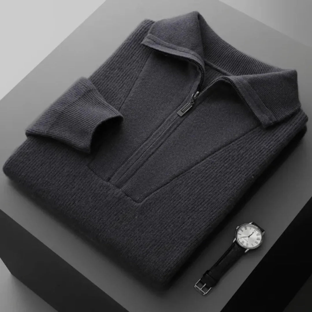 Men's beige cashmere half-zip sweater with V-panel front and ribbed collar for luxurious warmth