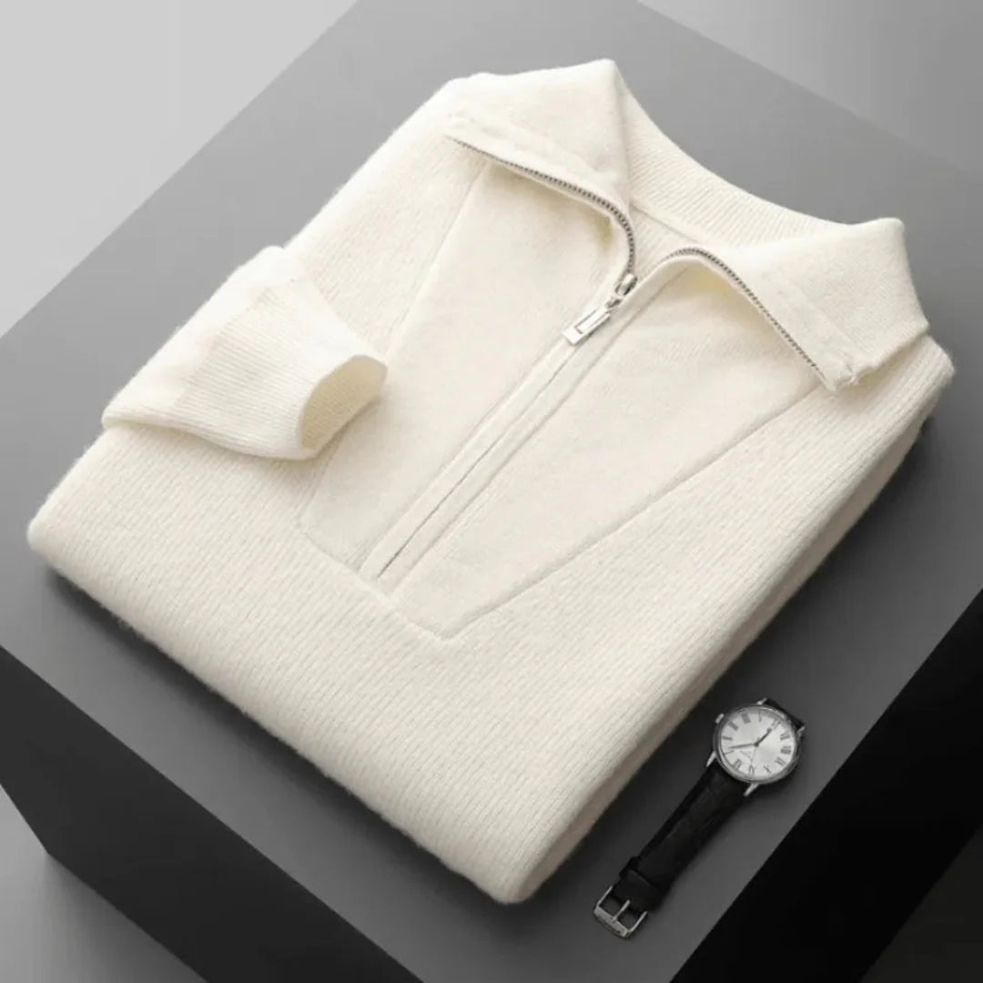 Men's beige cashmere half-zip sweater with V-panel front and ribbed collar for luxurious warmth