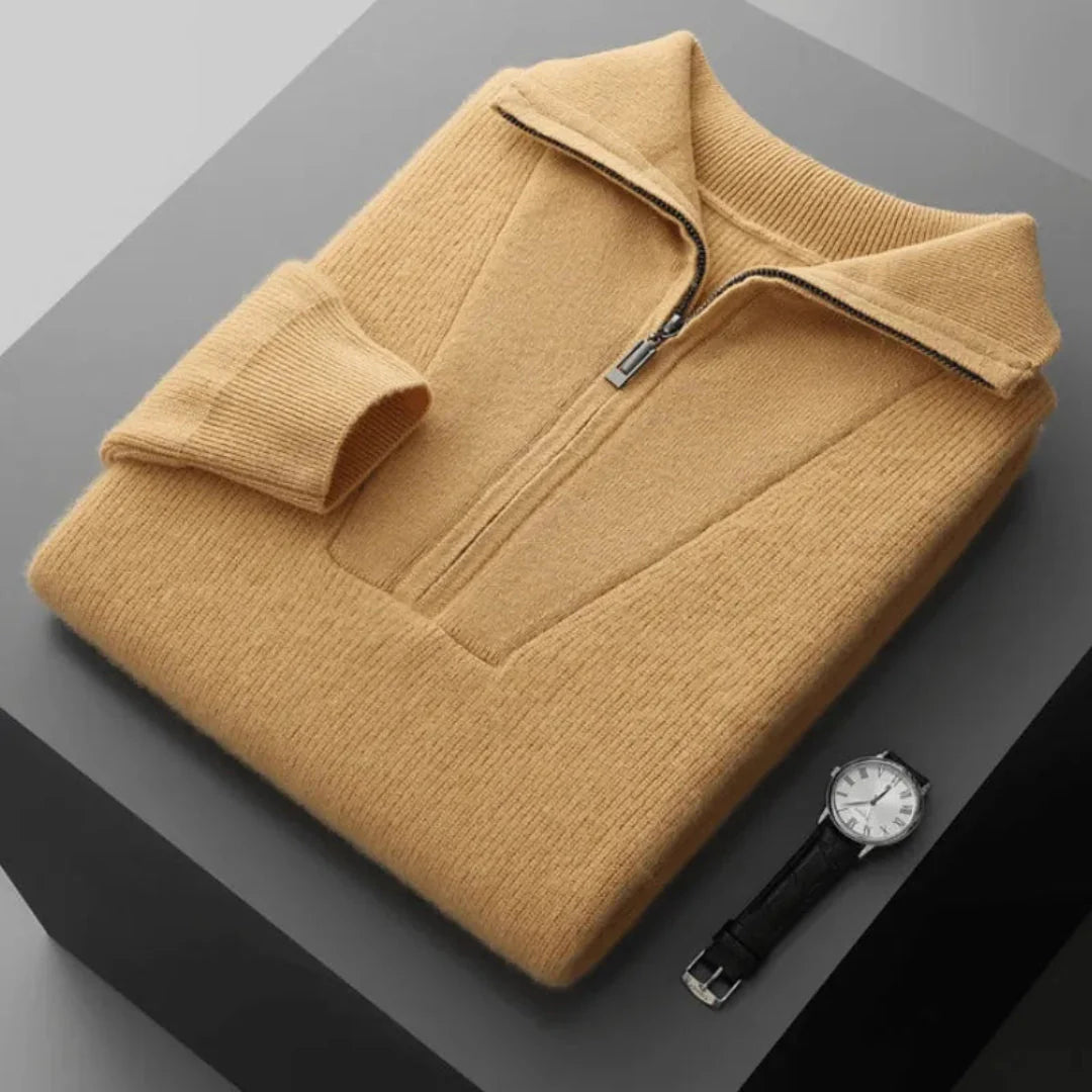 Men's gray cashmere half-zip sweater with V-panel front detail and ribbed collar
