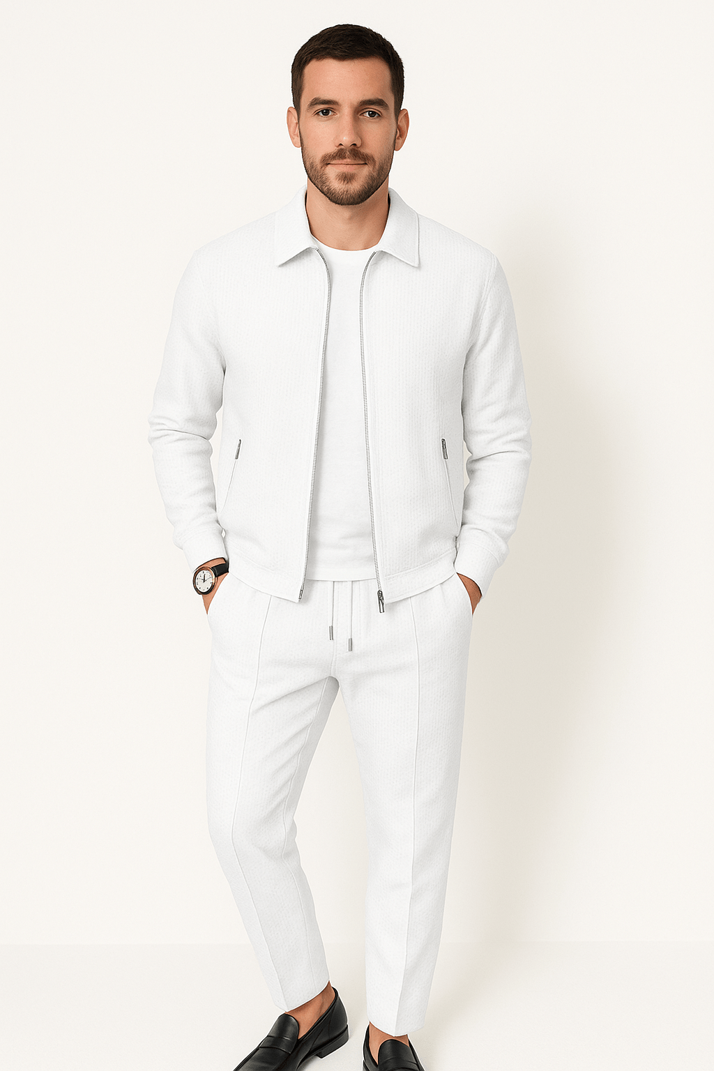 Men's beige waffle knit matching set, relaxed comfort fit with subtle textured pattern