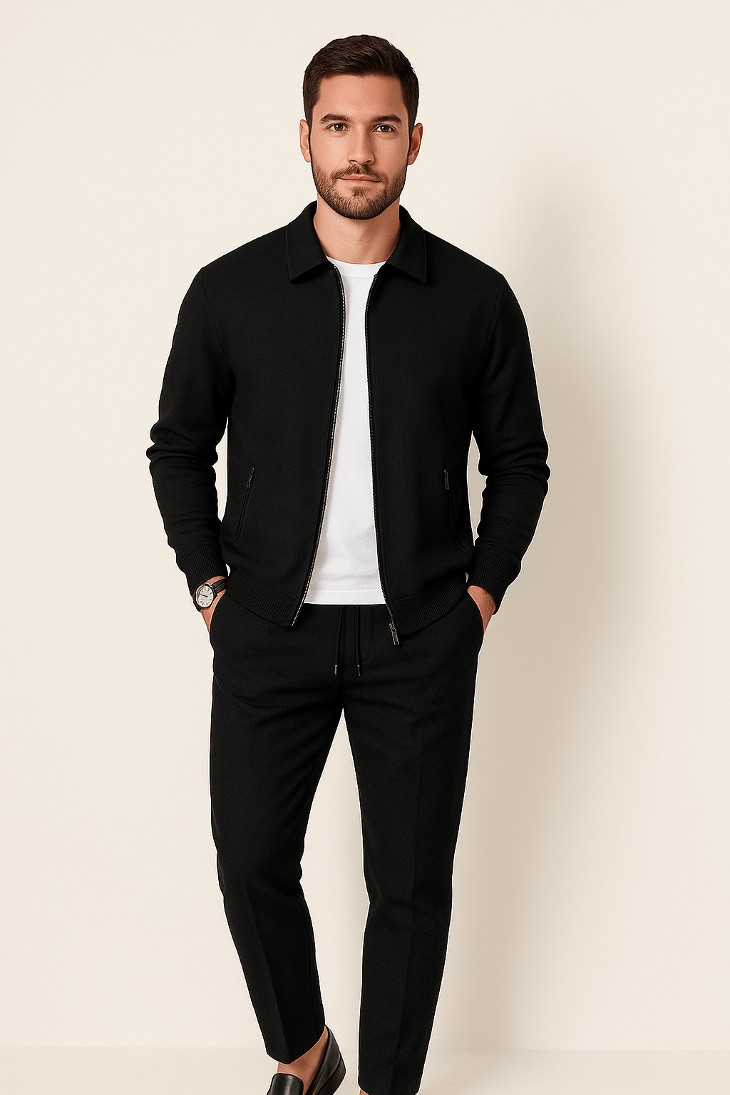 Men's beige waffle knit matching set, relaxed comfort fit with modern textured fabric