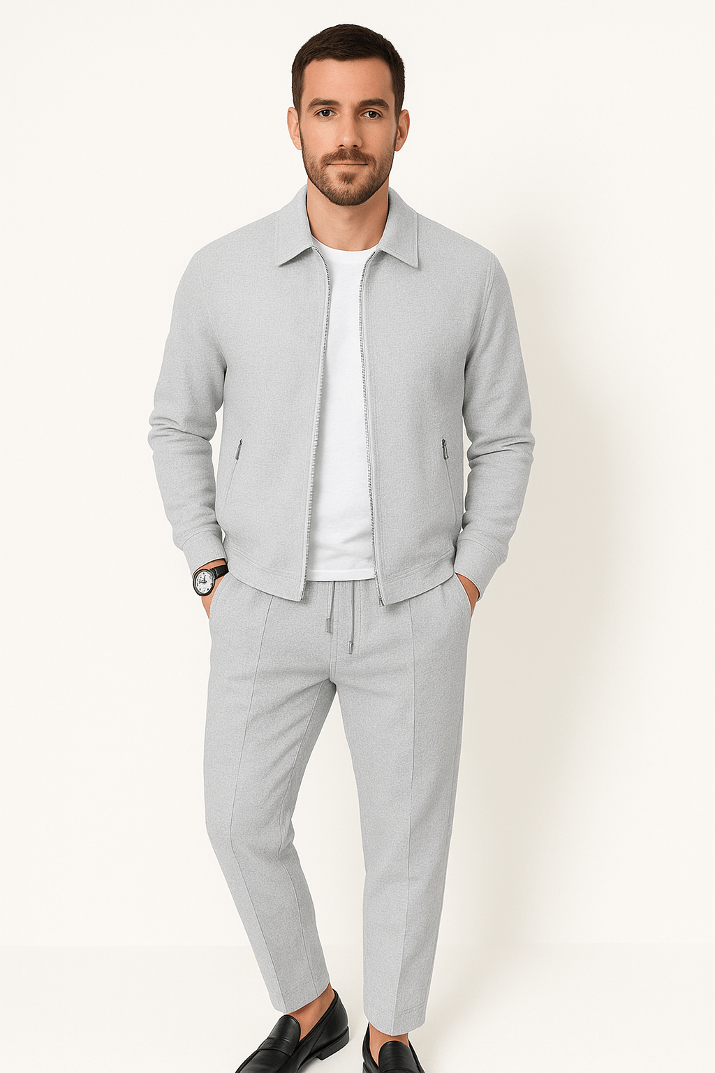 Men's gray waffle knit matching set, relaxed comfort fit with modern textured fabric
