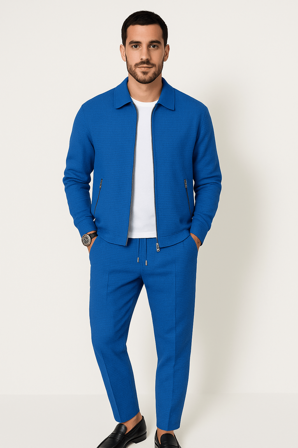 Men's grey waffle knit matching set, relaxed comfort fit with modern textured fabric