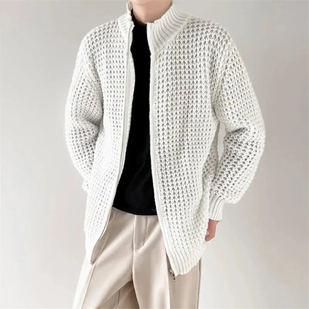 Men's waffle knit zip sweater with stand-up collar, breathable layered warmth in neutral tone