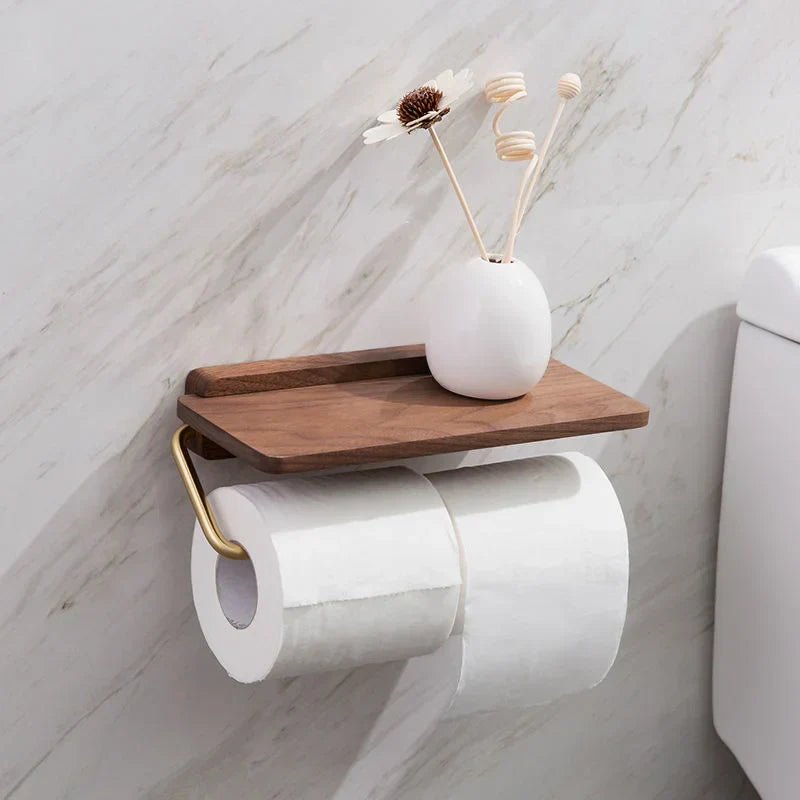 Reyne walnut toilet paper holder with integrated adjustable shelf, modern bathroom storage