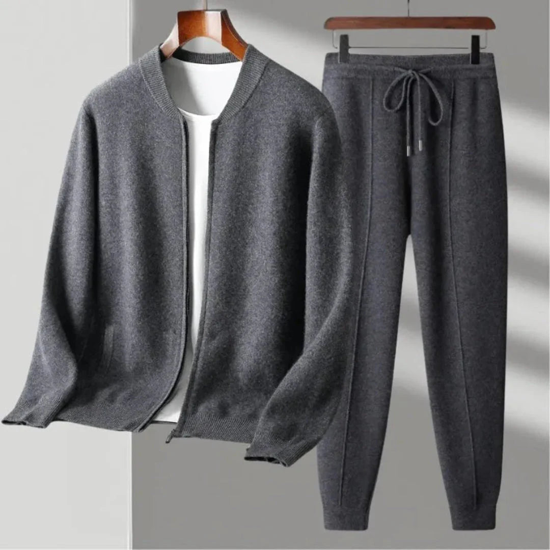 Charcoal merino wool matching set zip cardigan and joggers minimalist travel-ready coordinated duo