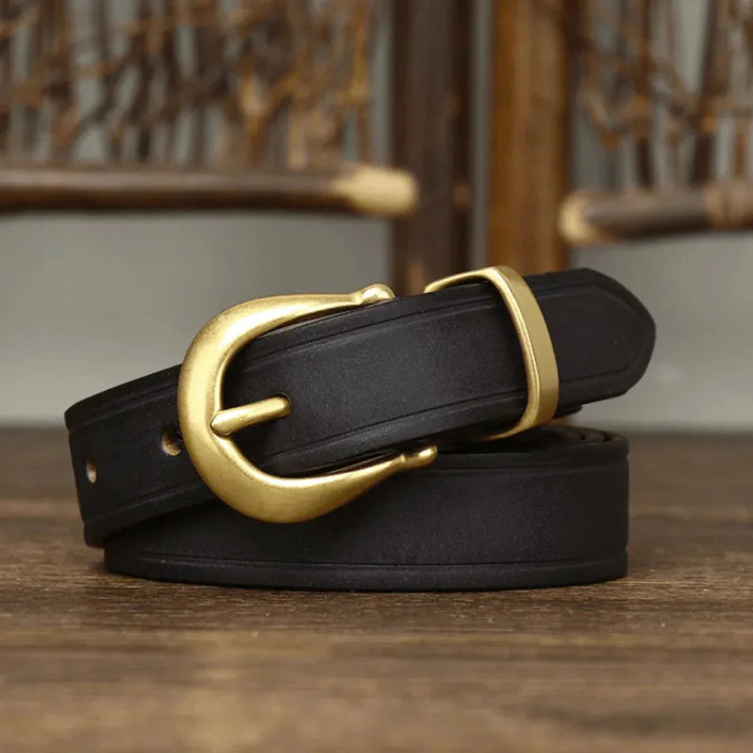 Wania slim full-grain leather belt with curved brass buckle, unisex timeless everyday style