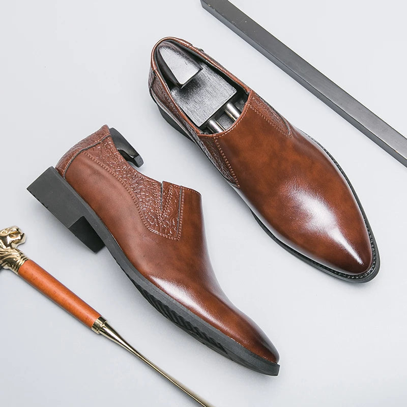 Men's brown genuine leather slip-on loafers with bold crocodile-textured panels and cushioned lift sole