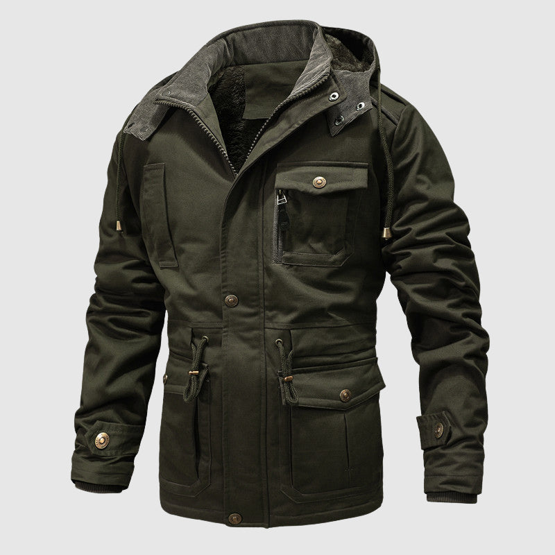Men's tactical cotton-blend jacket with sherpa lining, structured fit, and adjustable waist for outdoor use