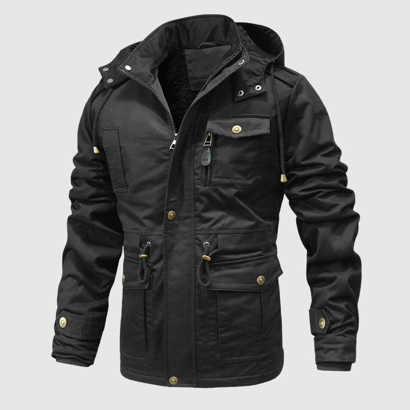 Men's olive tactical cotton-blend jacket with sherpa lining, structured fit, and adjustable waist