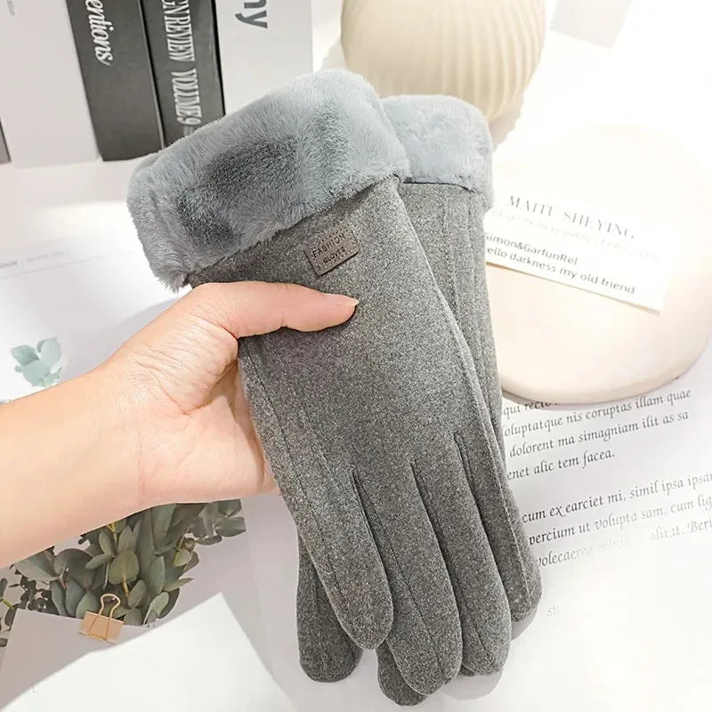Women's black suede winter gloves thick plush insulation touchscreen-compatible cold weather