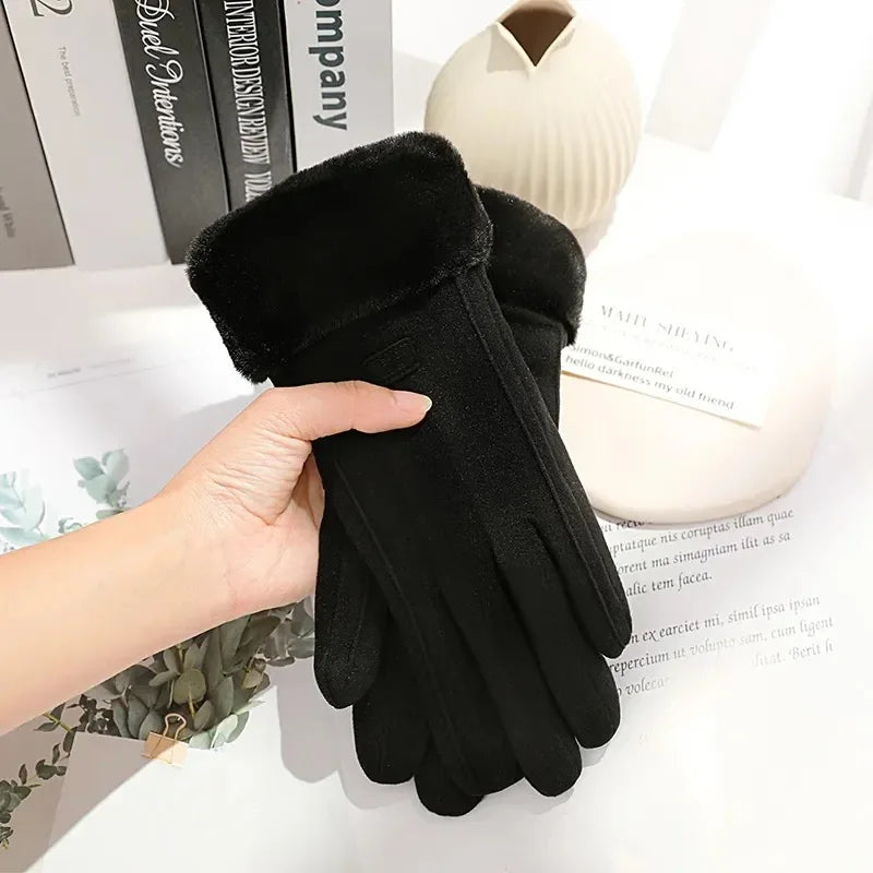 Women's touchscreen winter gloves black suede premium thick plush insulation cold weather warm