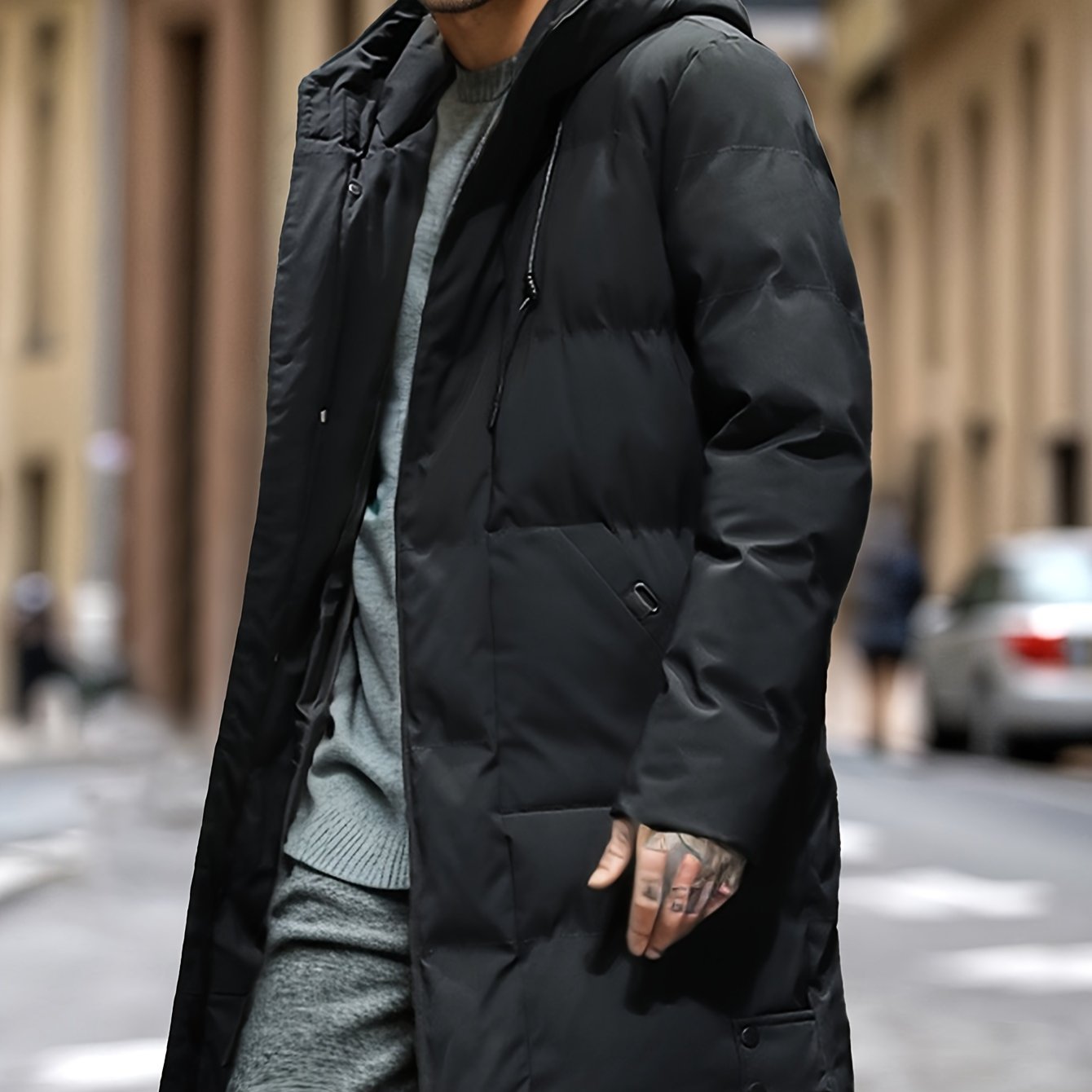 Warm winter puffer jacket with hood, loose fit, cozy insulation for cold days everyday comfort