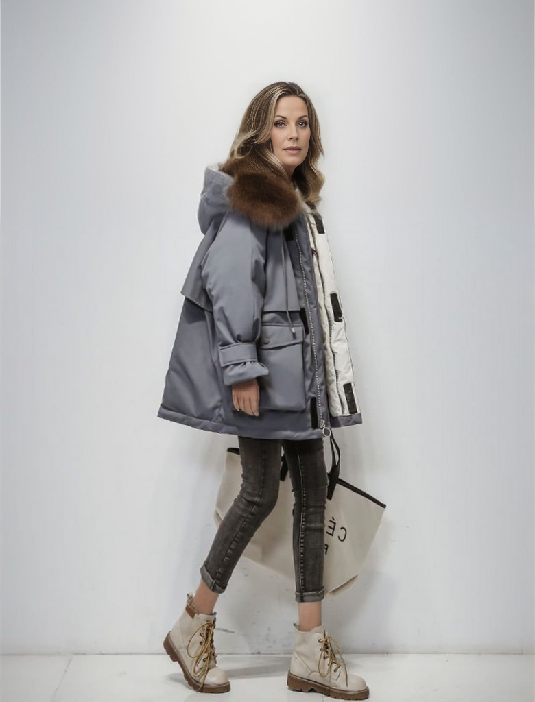 Women's warm winter jacket with fleece lining, elegant silhouette, and multiple practical pockets