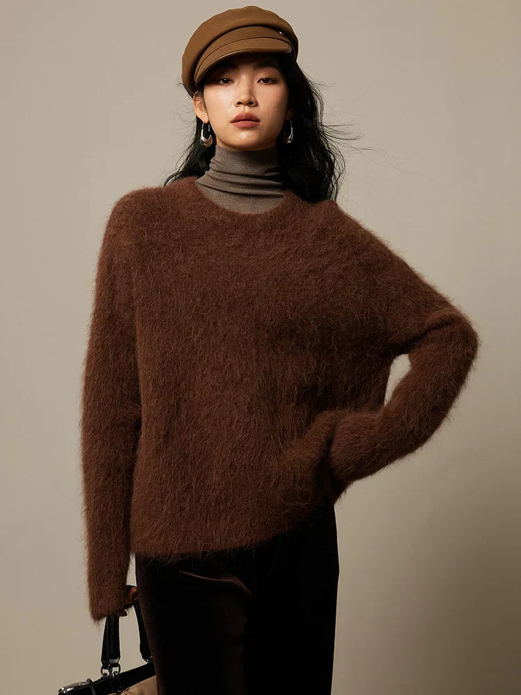 Women's loose fit alpaca wool sweater with dropped sleeves, cozy lightweight knit for winter