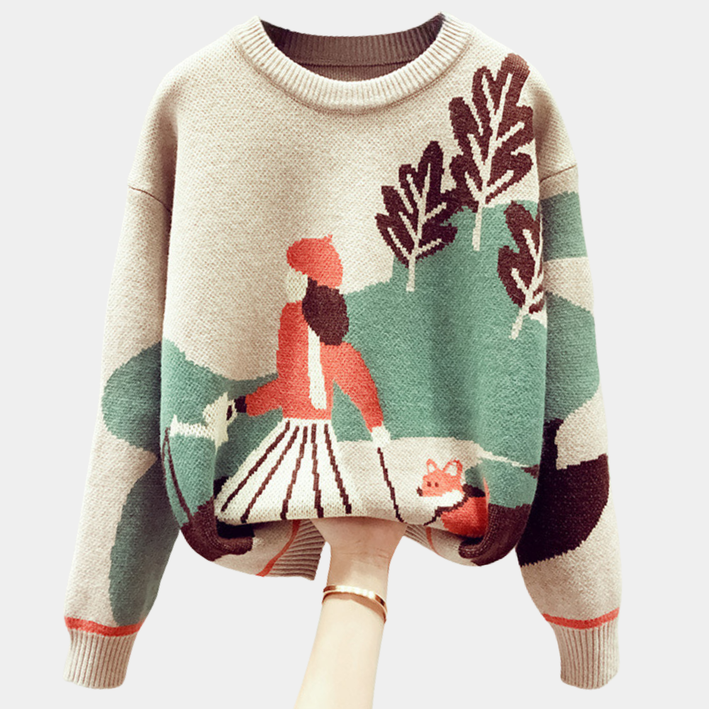 Women's loose-fit patterned viscose sweater in warm tones, cozy everyday style with soft texture