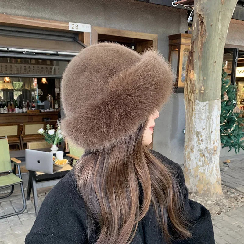 Women's faux fur winter hat warm plush rimless cap for skiing and outdoor activities