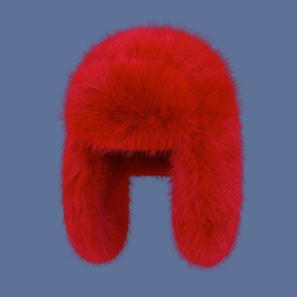 Women's blue faux fur plush winter hat with cozy Nerk material, perfect for outdoor cycling and skiing