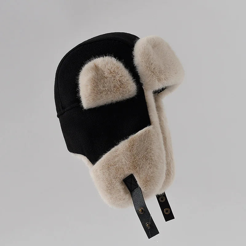 Women's blue faux fur plush winter hat warm cozy outdoor cycling skiing cold weather accessory