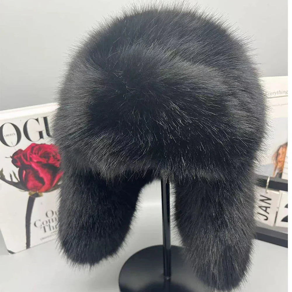 Women's blue faux fur plush winter hat with cozy Nerk material for cycling and skiing outdoors