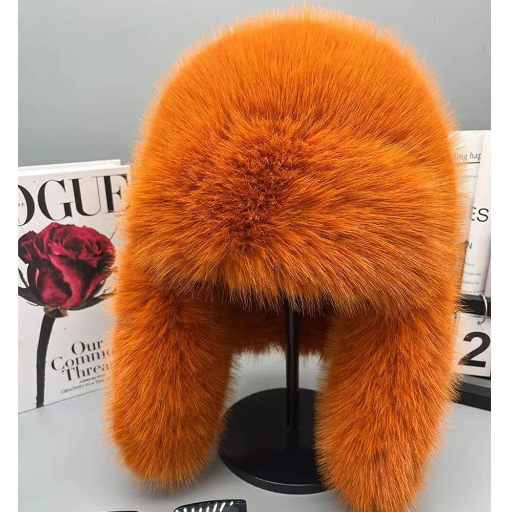 Women's blue faux fur plush winter hat warm cozy outdoor cycling skiing cold weather beanie