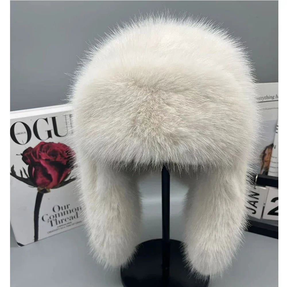 Women's blue faux fur plush winter hat with cozy Nerk lining for cycling and skiing