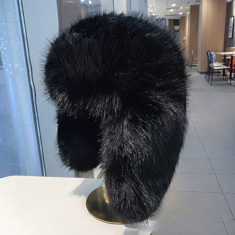 Women's blue faux fur plush winter hat cozy cycling skiing outdoor cold weather beanie