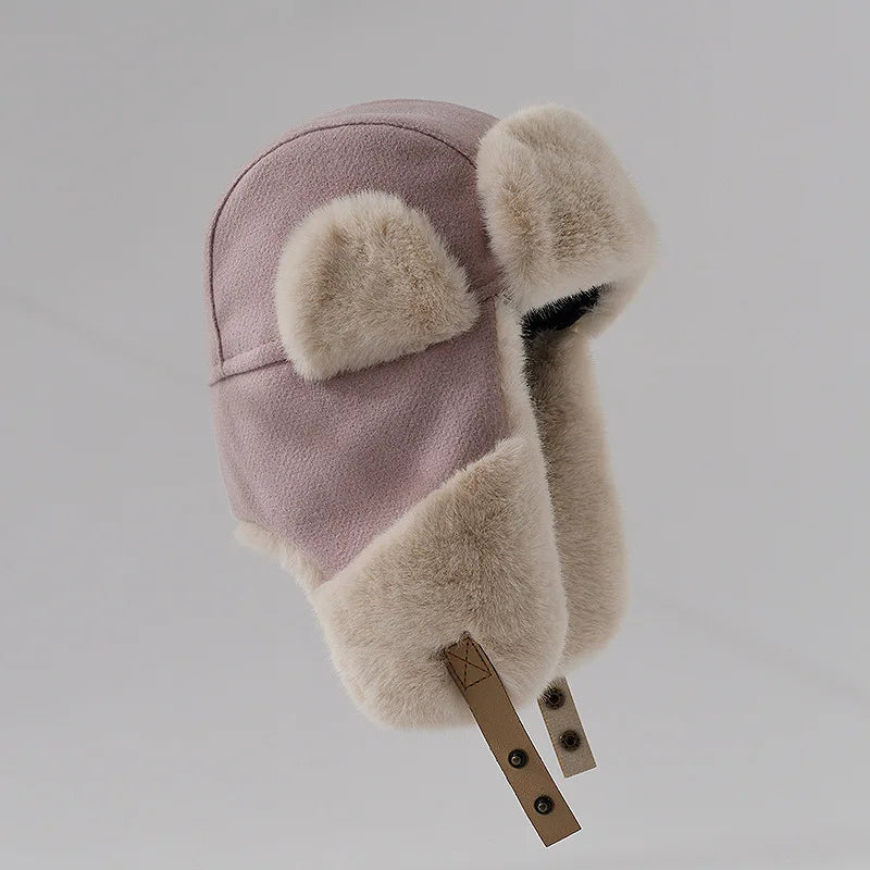 Women's blue faux fur plush winter hat warm cozy outdoor cycling skiing cold weather gear